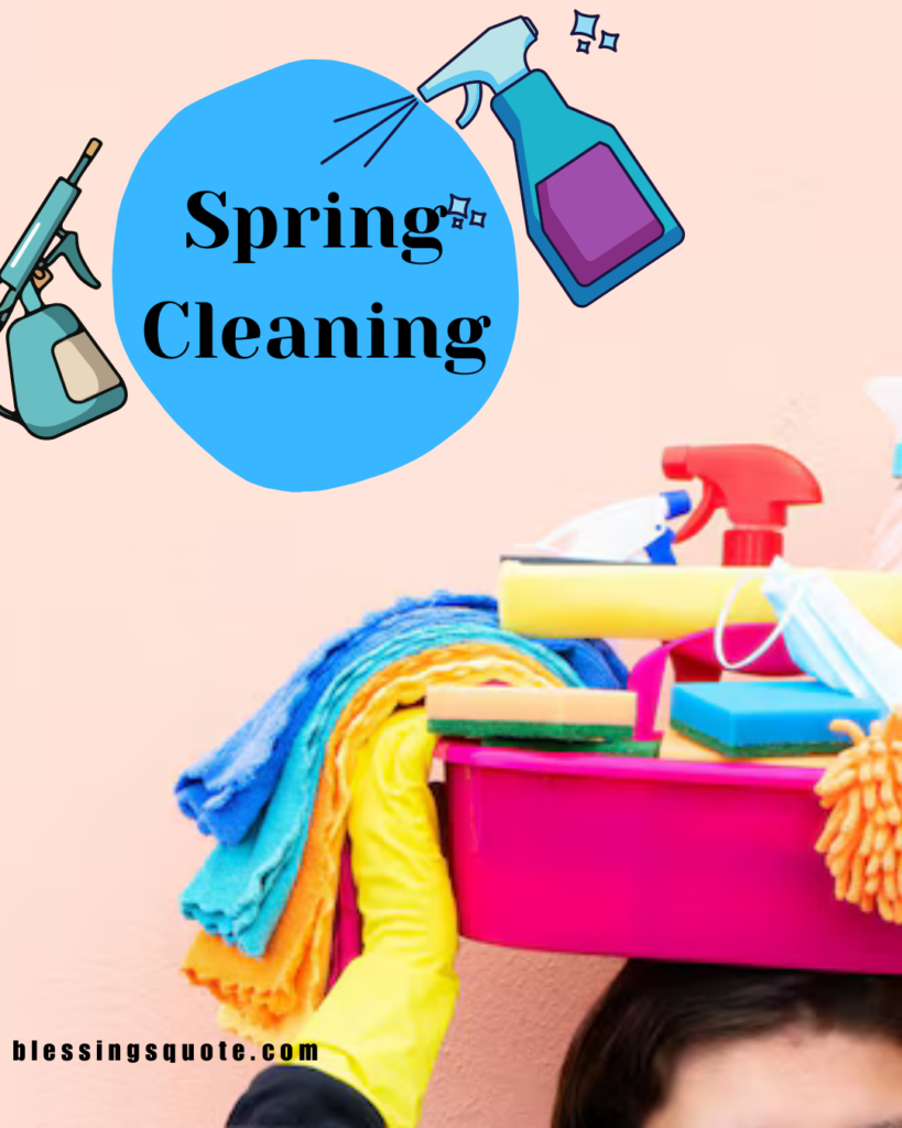 spring cleaning supplies with spray bottles gloves and cleaning tools